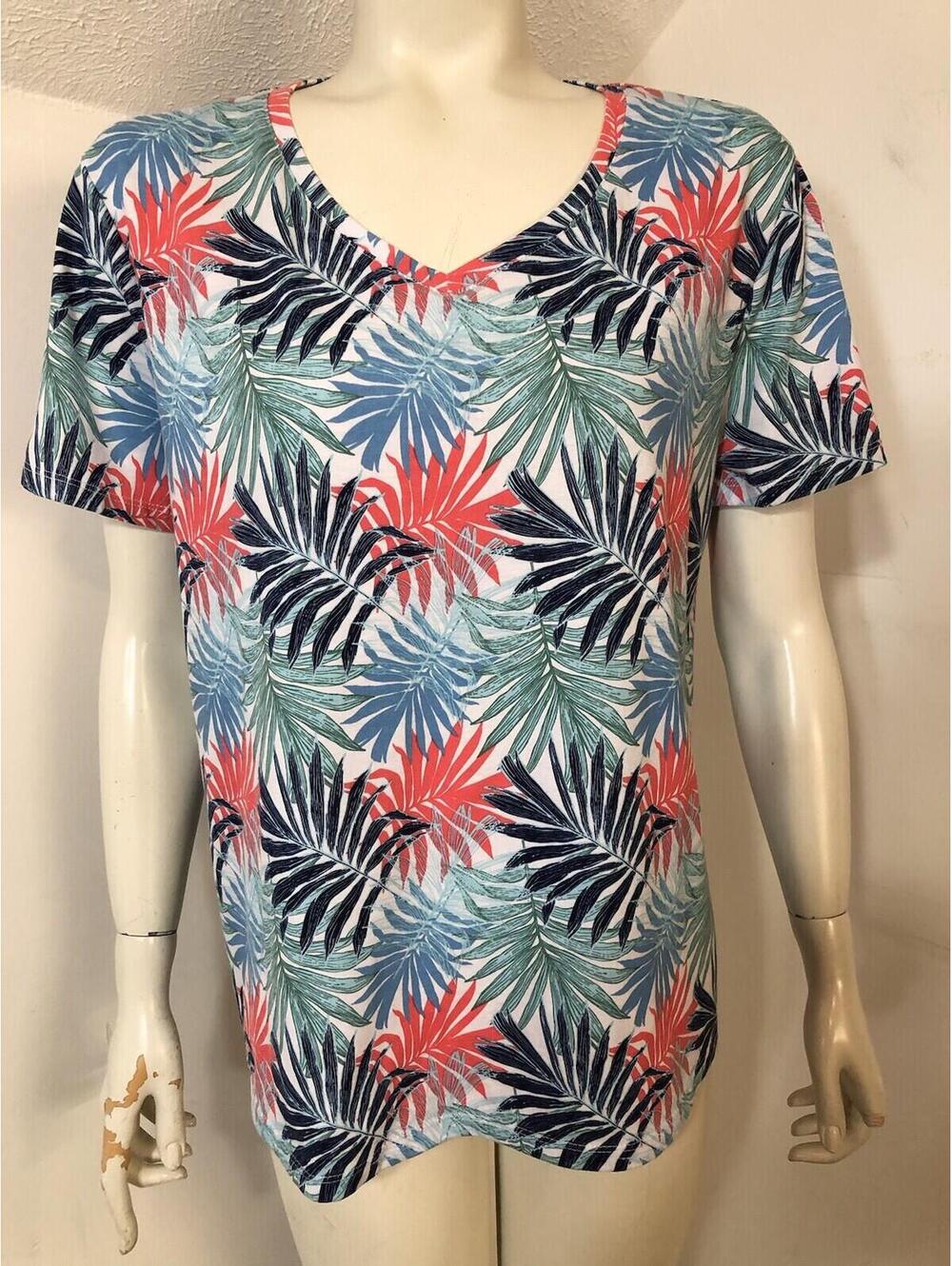 Fresh Produce  Womens XL Tee Shirt V neck Fern Print Blues Coral Cotton Blend